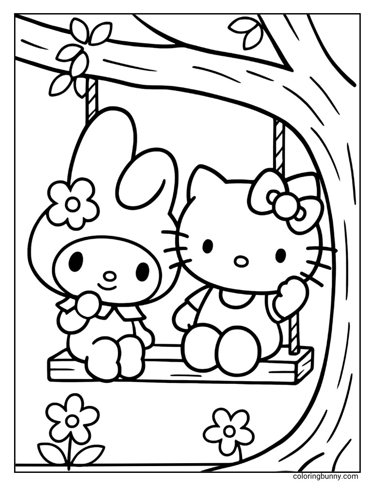 A black and white My Melody coloring page showing My Melody and Hello Kitty sitting on a tree swing together.