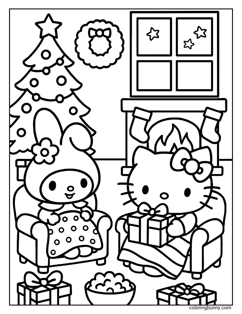 An easy Christmas scene for coloring, featuring My Melody and Hello Kitty comfortably seated in armchairs, unwrapping gifts. The cozy room includes a decorated Christmas tree, a fireplace with stockings, a wreath, and a starry window, ready for creative coloring.