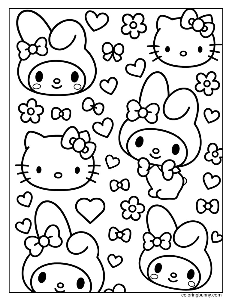 Printable coloring page featuring a repeating pattern of Hello Kitty and My Melody faces with hearts, bows, and flowers.