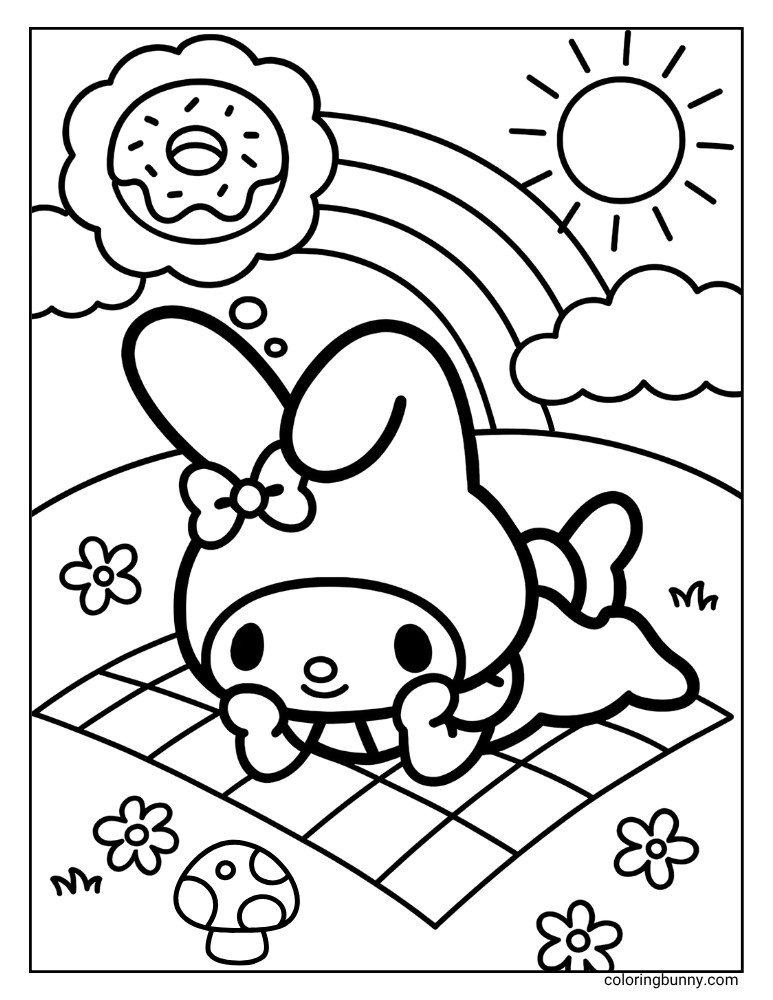My Melody coloring page with her lying on a picnic blanket, daydreaming of a donut under the sun and rainbow.