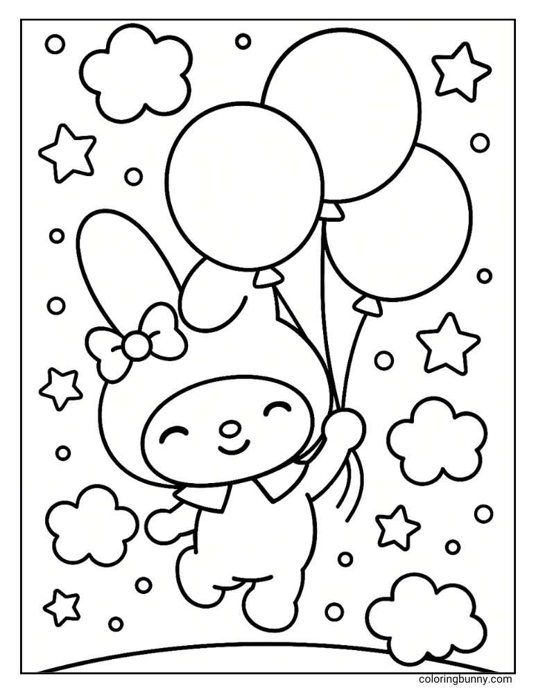 My Melody coloring page showing her happily floating with three balloons in a sky filled with stars and clouds.