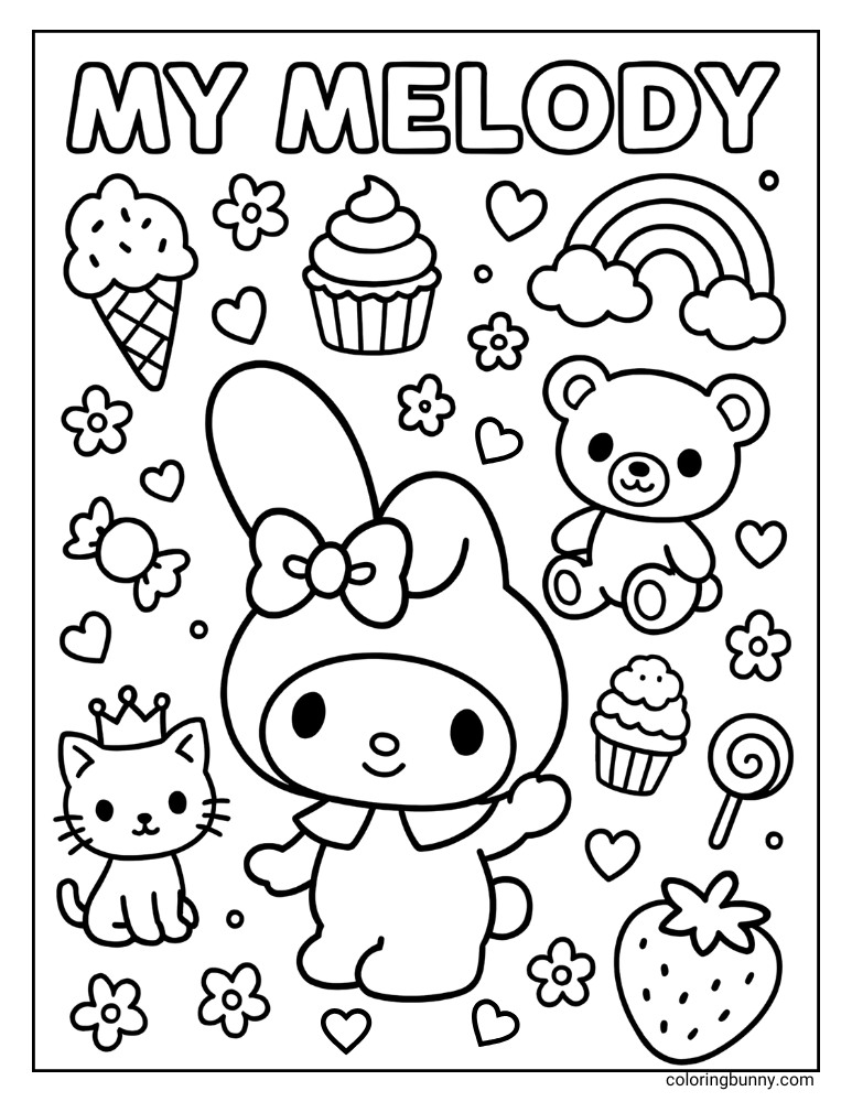 My Melody with a background of flowers, desserts, hearts, cat, teddy bear, candy, strawberry and more, making a fun coloring page