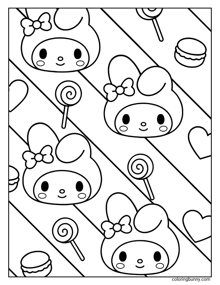 Fun coloring sheet of My Melody heads pattern background with lollies, burgers, and hearts