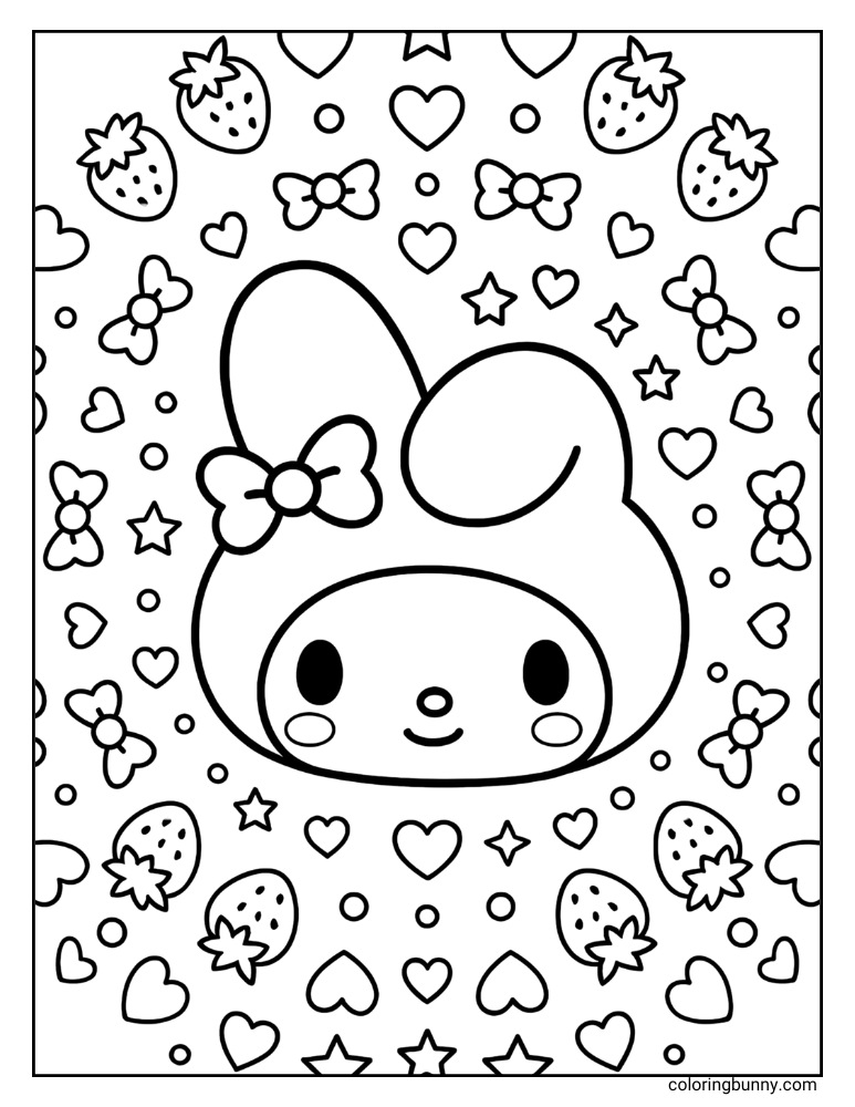 My Melody head with a circluar pattern of objects such as circles, strawberries, bows, hearts, and stars, all aking for a fun coloring page