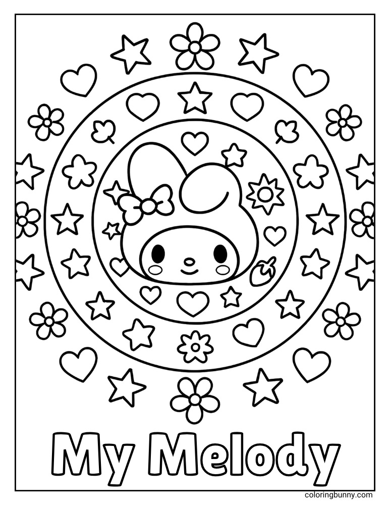 My Melody coloring page with her face in the center, surrounded by a repeating pattern of strawberries, bows, hearts, and stars.