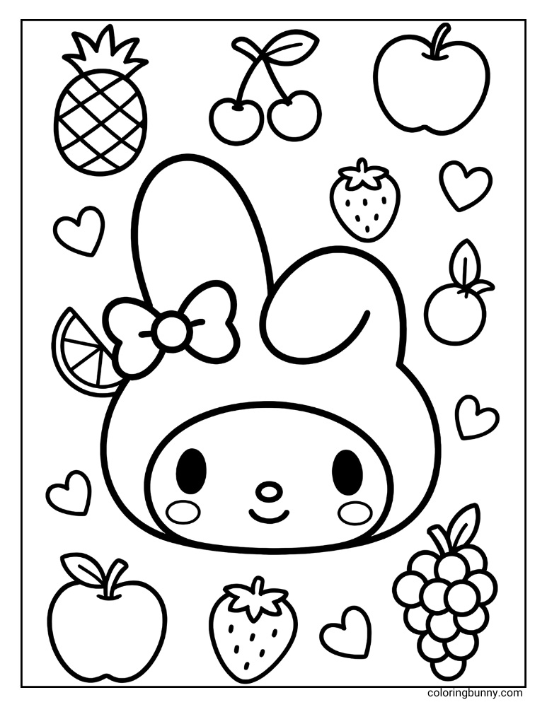 Free printable coloring page showing My Melody’s head with a fruit theme - including pineapple, cherries, apples, grapes, and strawberries with hearts and a lemon slice.
