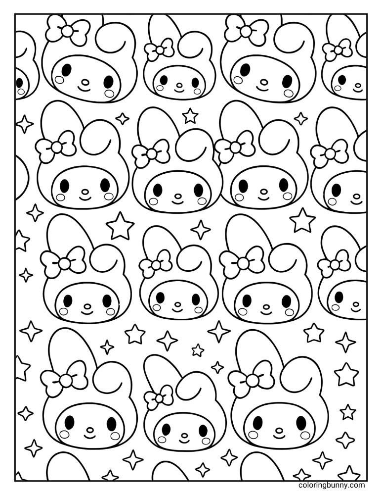 Coloring page with a repeating pattern of My Melody faces surrounded by stars on a white background.