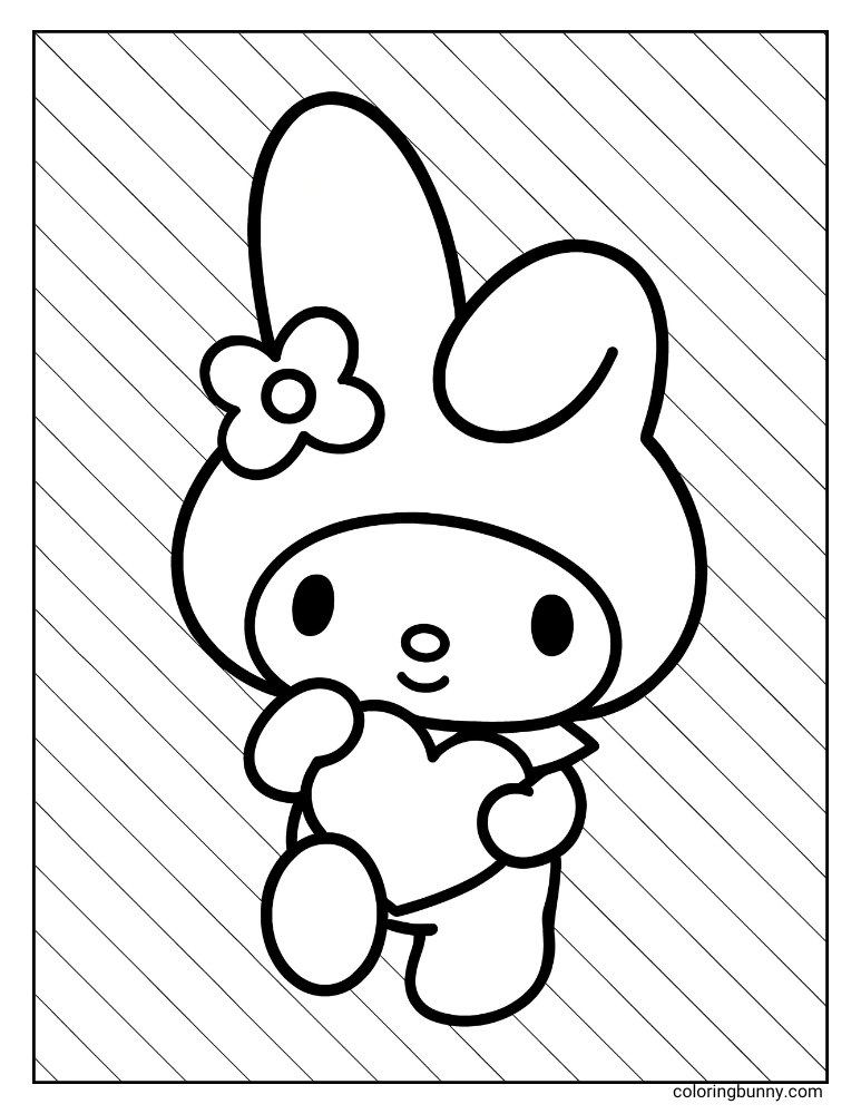 Portrait black and white coloring page of My Melody holding a heart with a striped background.