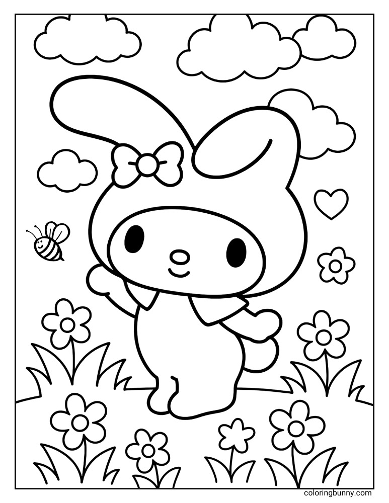 My Melody coloring page page featuring My Melody in a flower garden, perfect for kids to color in