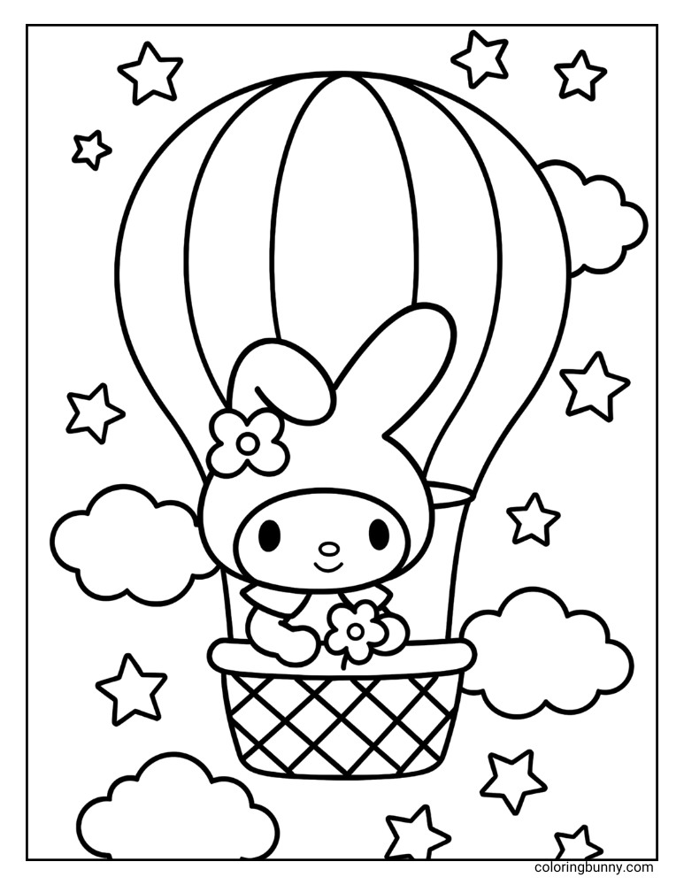 My Melody adventure coloring sheet, depicting her floating in a hot air balloon among clouds and stars.