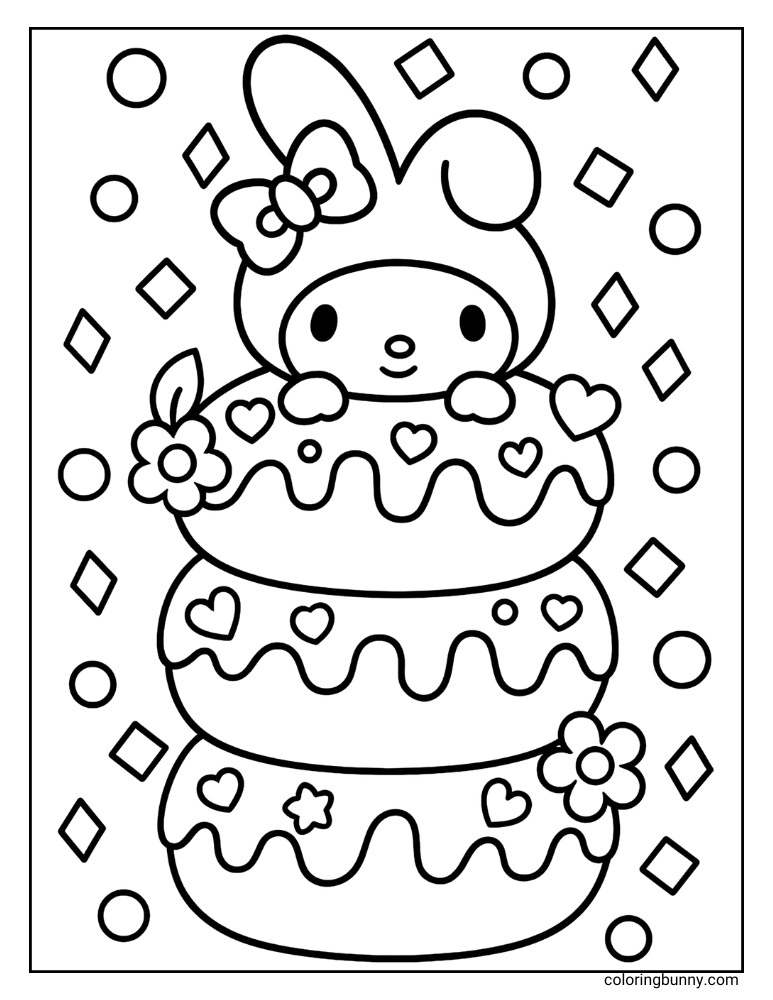 Black and white My Melody coloring page showing My Melody peeking from behind a stack of three decorated donuts, adorned with hearts, flowers, and sprinkles. The background is filled with various geometric shapes like circles and diamonds