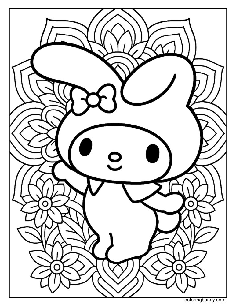 Coloring page of with My Melody in front of an intricate floral mandala background.