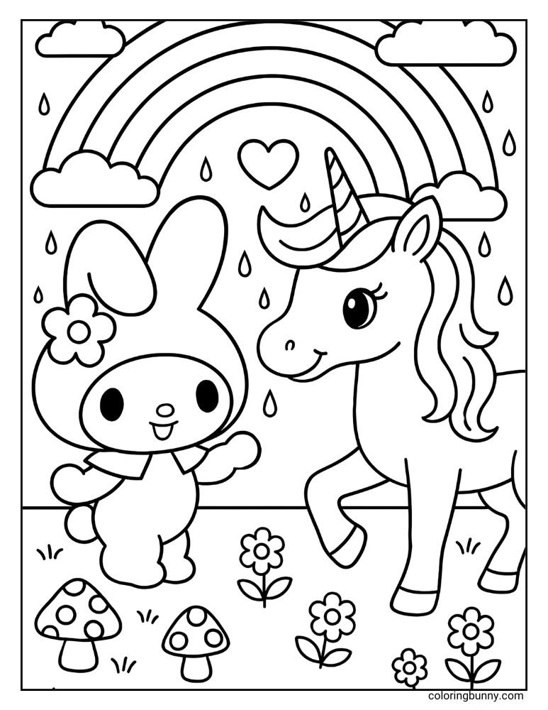 Sanrio coloring page of My Melody meeting a unicorn in the rain with a rainbow in the sky and flowers and mushrooms on the ground