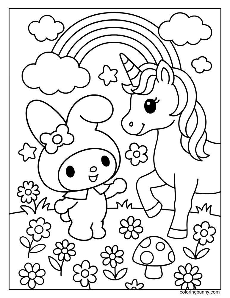My Melody coloring page featuring My Melody meets a unicorn in a flower meadow