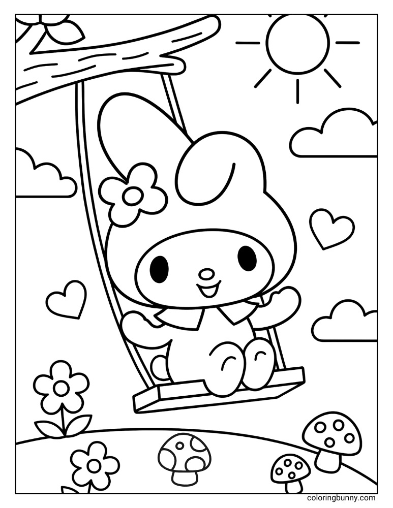 Coloring page with My Melody on a tree swing with mushrooms and flowers on the ground below