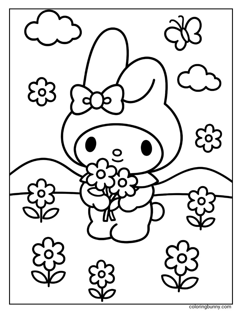Black and white coloring page showing My Melody holding a bouquet of freshly picked flowers. She stands in a field surrounded by various blossoms, with a butterfly and clouds in the sky, ready for coloring.