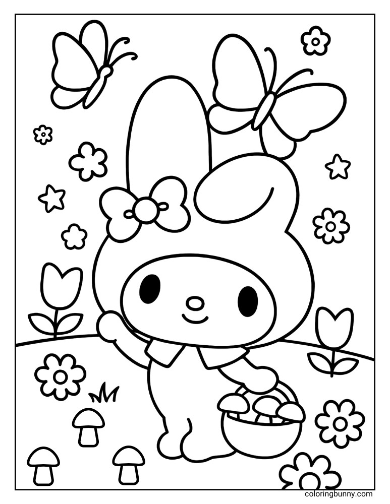 My Melody coloring page showing her in a meadow holding a mushroom basket, surrounded by flowers, butterflies, and stars.
