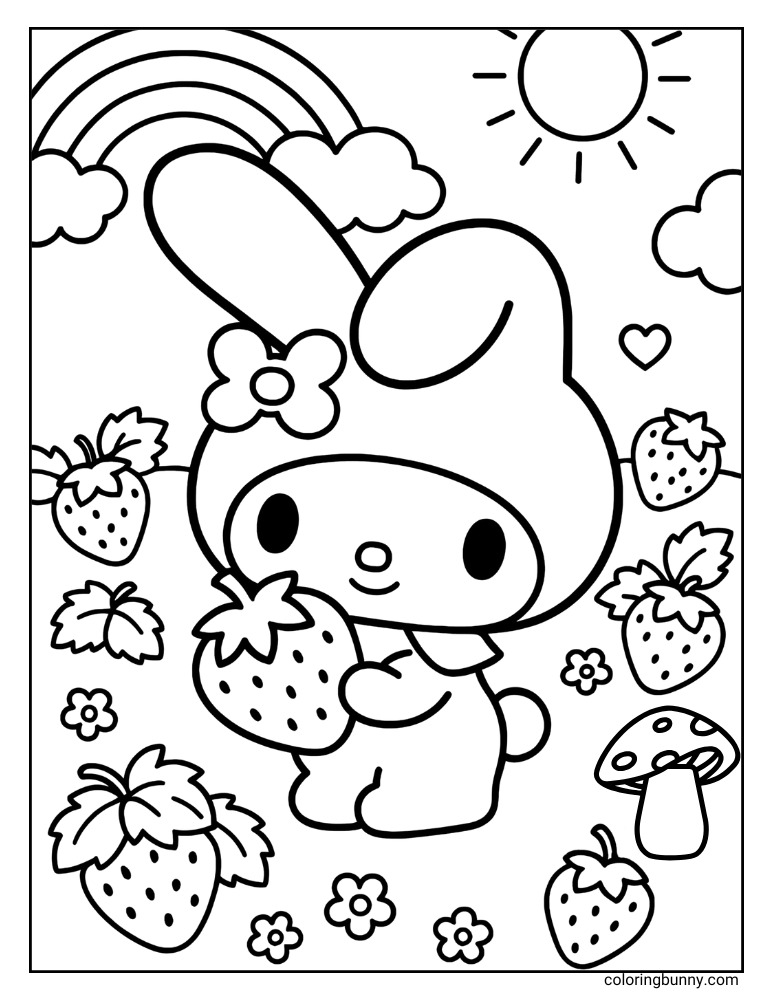 My Melody picking strawberries in a field, making for a fun design for kids to color