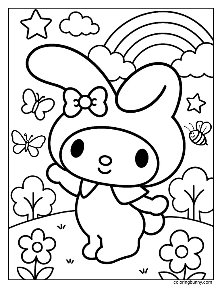 My Melody playing with butterflies coloring page for kids