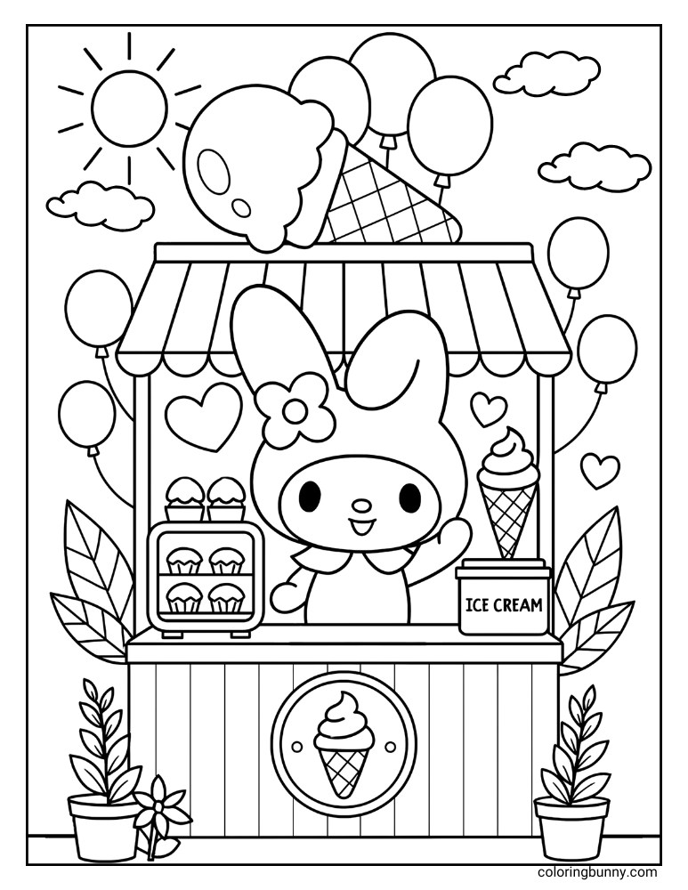 My Melody selling ice cream at her little outdoor shop, lots of ballons, ice cream on show, all in this fun summer-themed coloring page
