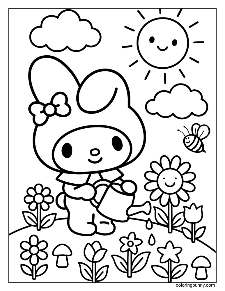 A bold and cozy design of My Melody watering plants and mushrooms, perfect for kids to color in and use lots of different colors