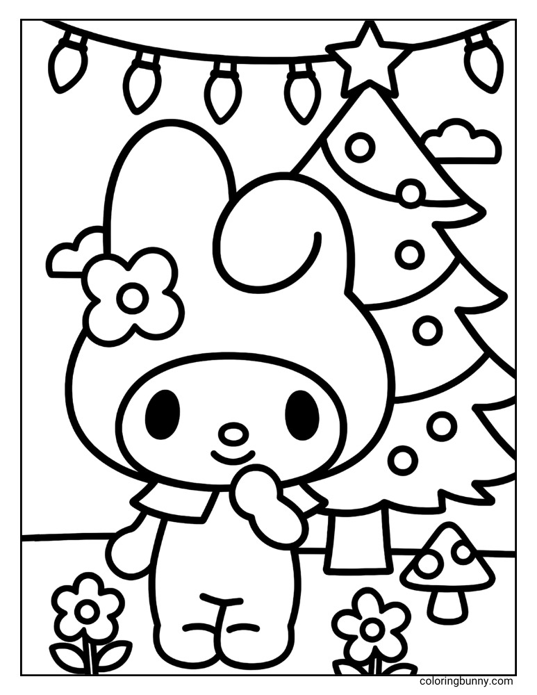 My Melody with a Christmas tree, a simple and easy coloring page
