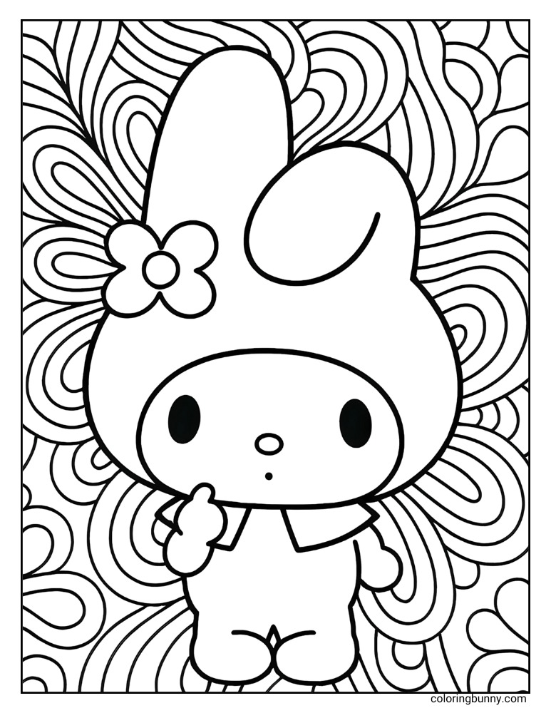 My Melody coloring page with her standing in front of a large wavy, abstract swirl pattern.