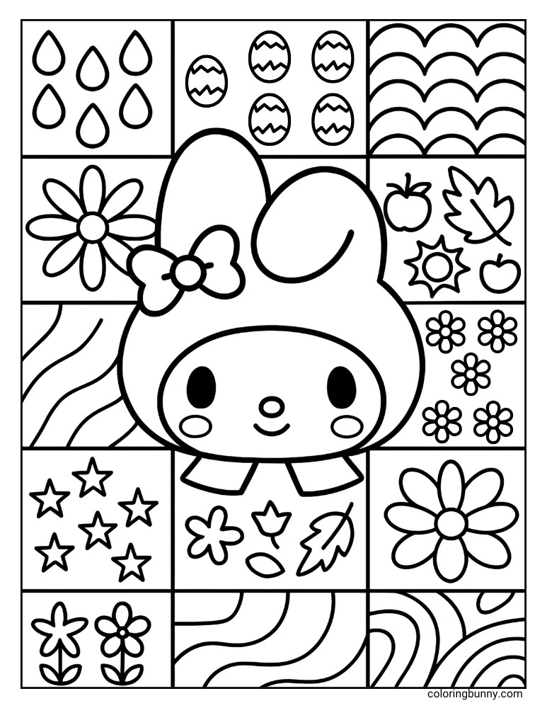 My Melody with a patchwork of comfy patterns as a background coloring page