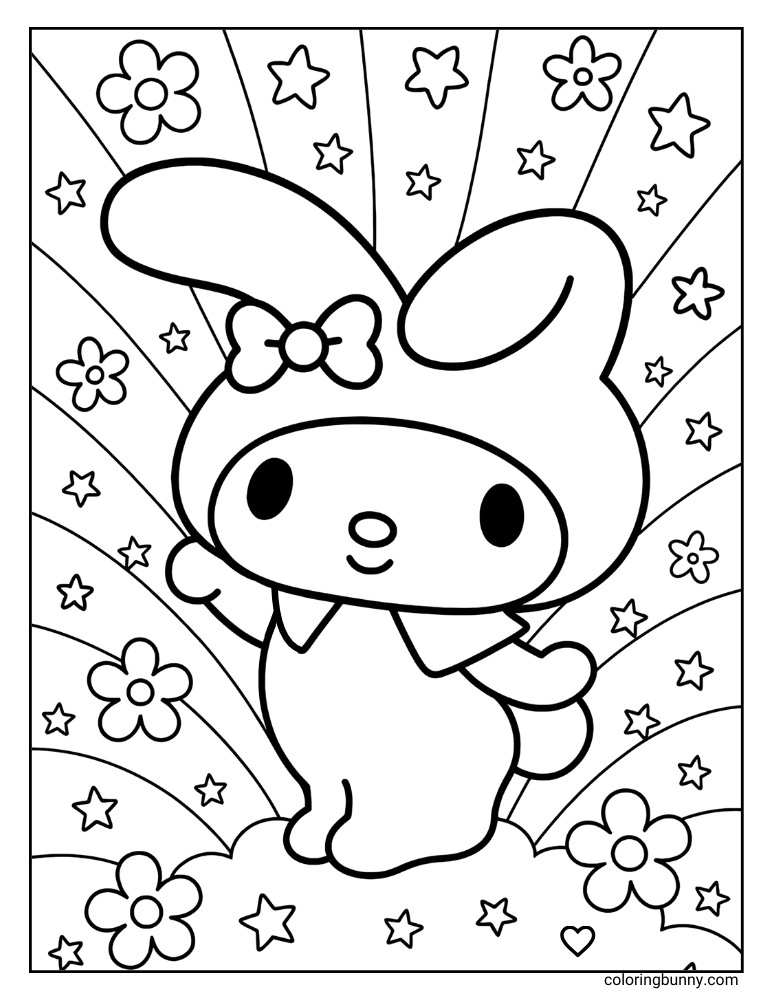 Free printable My Melody coloring page featuring My Melody standing on a cloud with a rainbow background, stars, and flowers.