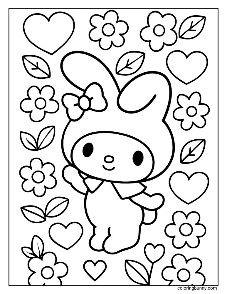 Simple My Melody coloring page with a fun background of easy to color in objects such as leaves, hearts, and flowers