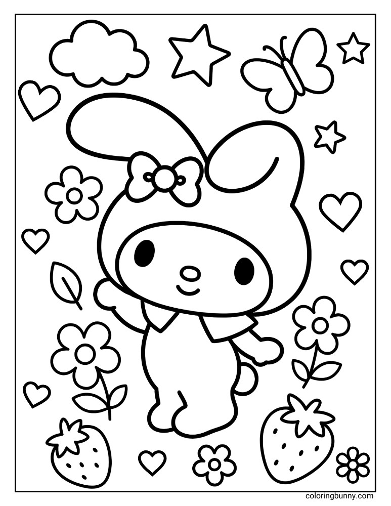 My Melody coloring page featuring My Melody with strawberries, flowers, stars, hearts, and a butterfly.