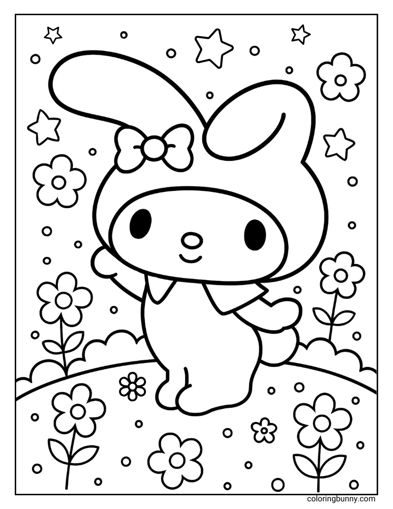 My Melody coloring page with My Melody standing on grass, surrounded by flowers and stars in the sky.