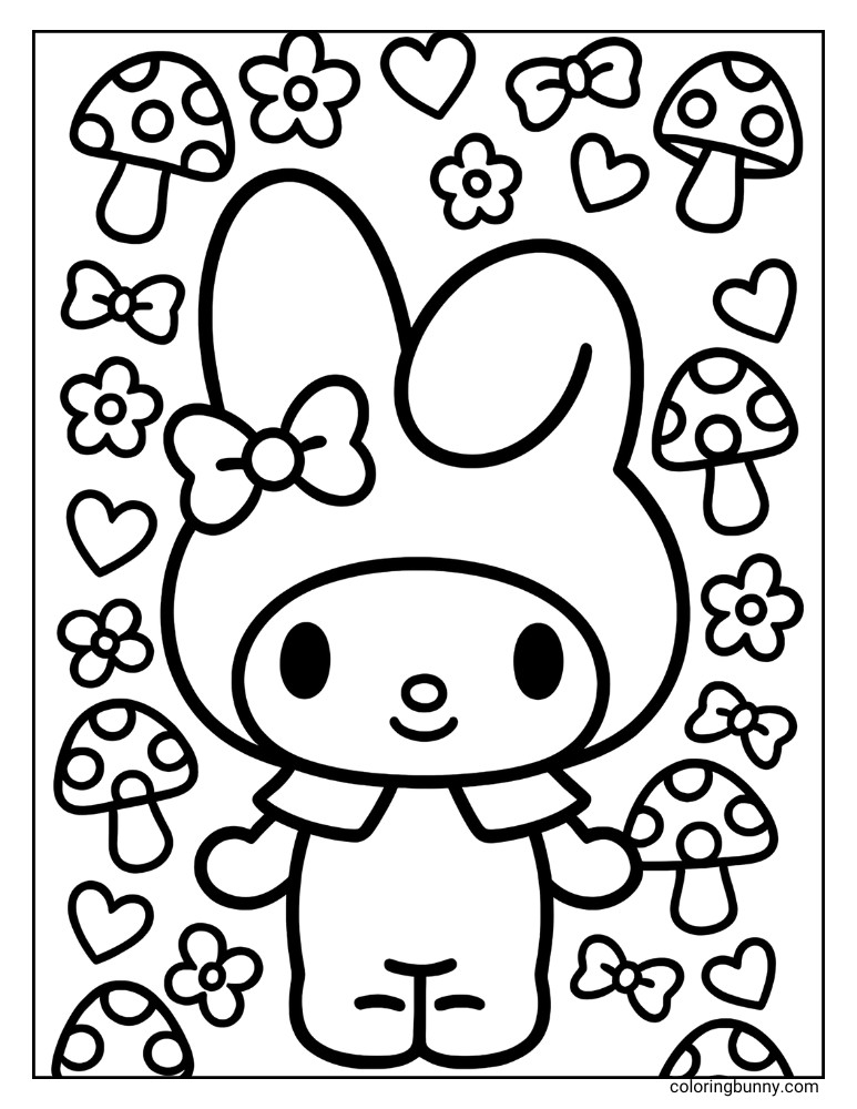 My Melody with flowers, hearts, bows, and mushrooms, make for a fun coloring page design