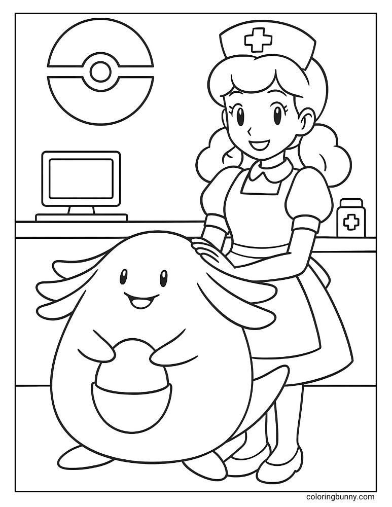 A coloring page of Nurse Joy standing behind her Pokémon Chansey at a Pokémon Center desk, with a Poké Ball logo on the wall.