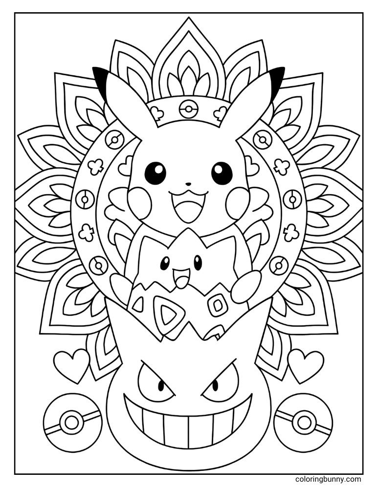 Pikachu, Topegi, and Gengar mandala coloring page