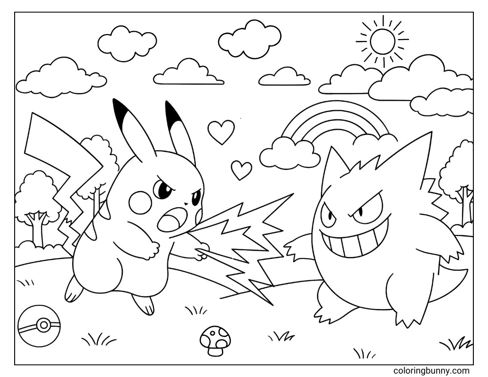 Coloring sheet of Pikachu using an electric attack against Gengar in a grassy field with clouds and a rainbow.