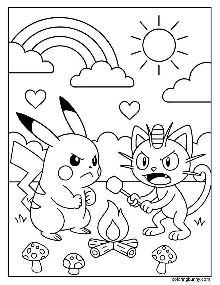 Pokemon coloring page depicting an angry Pikachu and Meowth fighting with a marshmallow on a stick over a campfire, with a rainbow and sun in the background