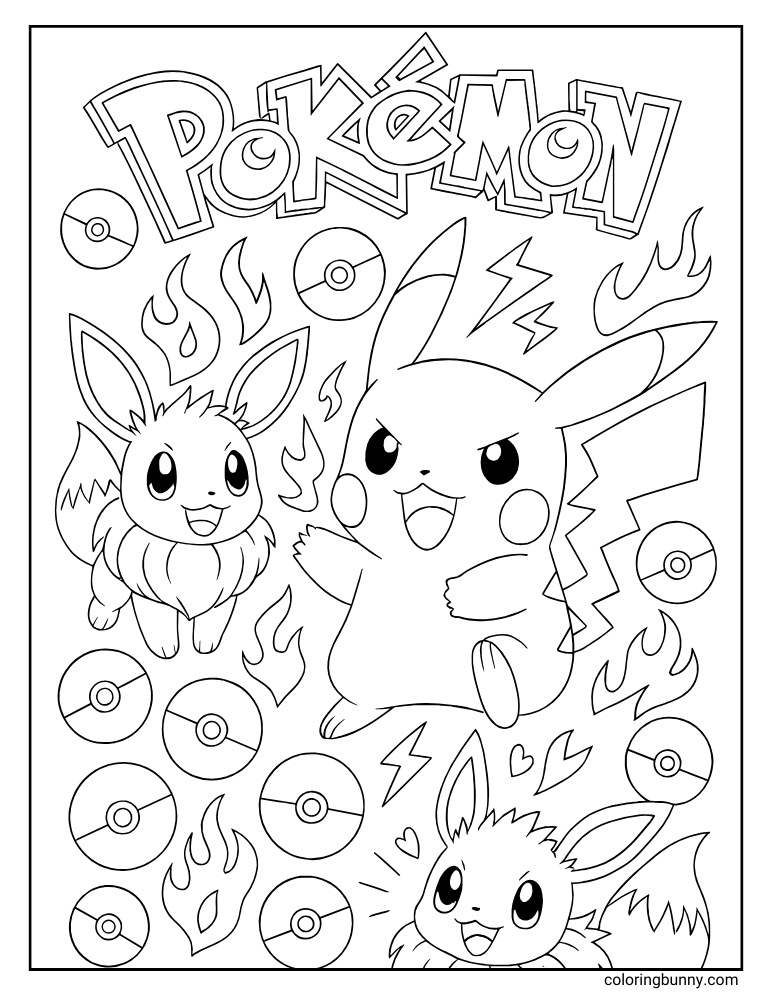 Pikachu and Eevee Pokemon coloring page with flames, Poke Balls and lightning bolts