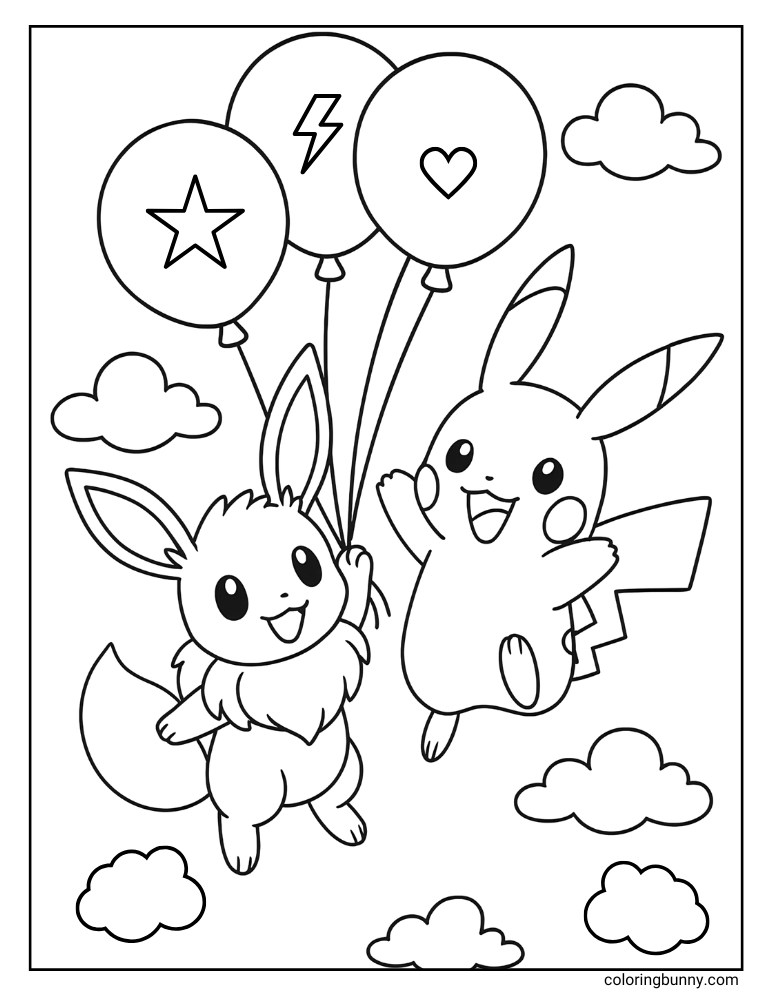 Cute coloring sheet of Pikachu and Eevee flying with balloons through a cloudy sky.