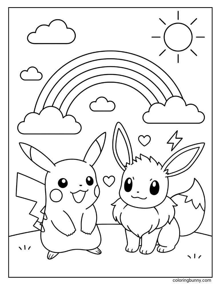 Pokemon coloring page of Pikachu and Eevee in love and chilling on a sunny hillside