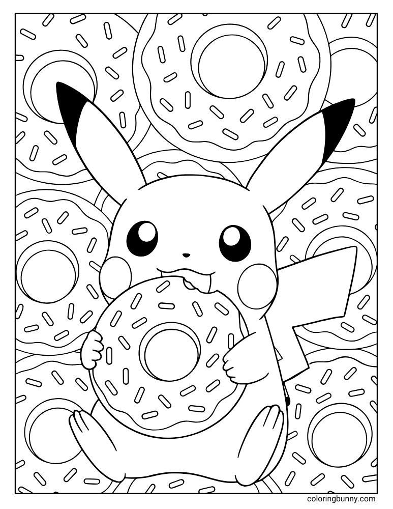 Pikachu eating donuts coloring page