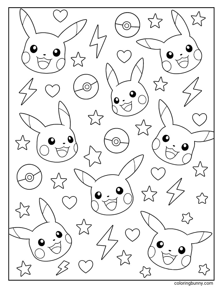 Pikachu coloring page of Pikachu heads, stars, Poke Balls and lightning bolts
