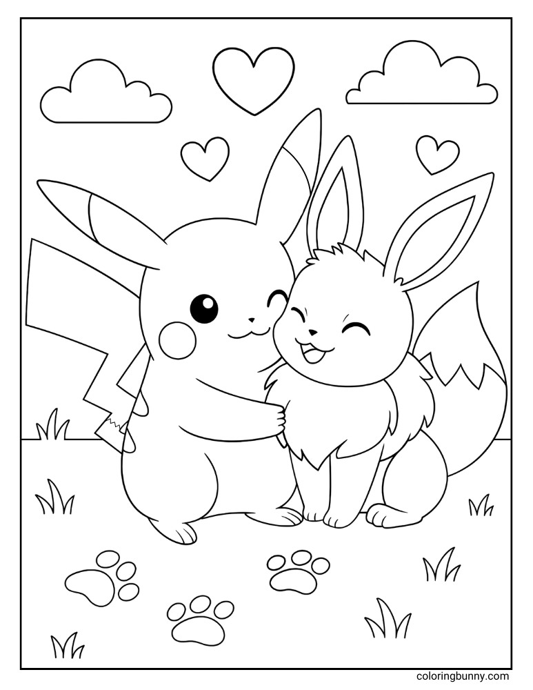 Pokemon coloring page of Pikachu hugging Eevee with hearts, clouds, grass, and paw prints in the background.