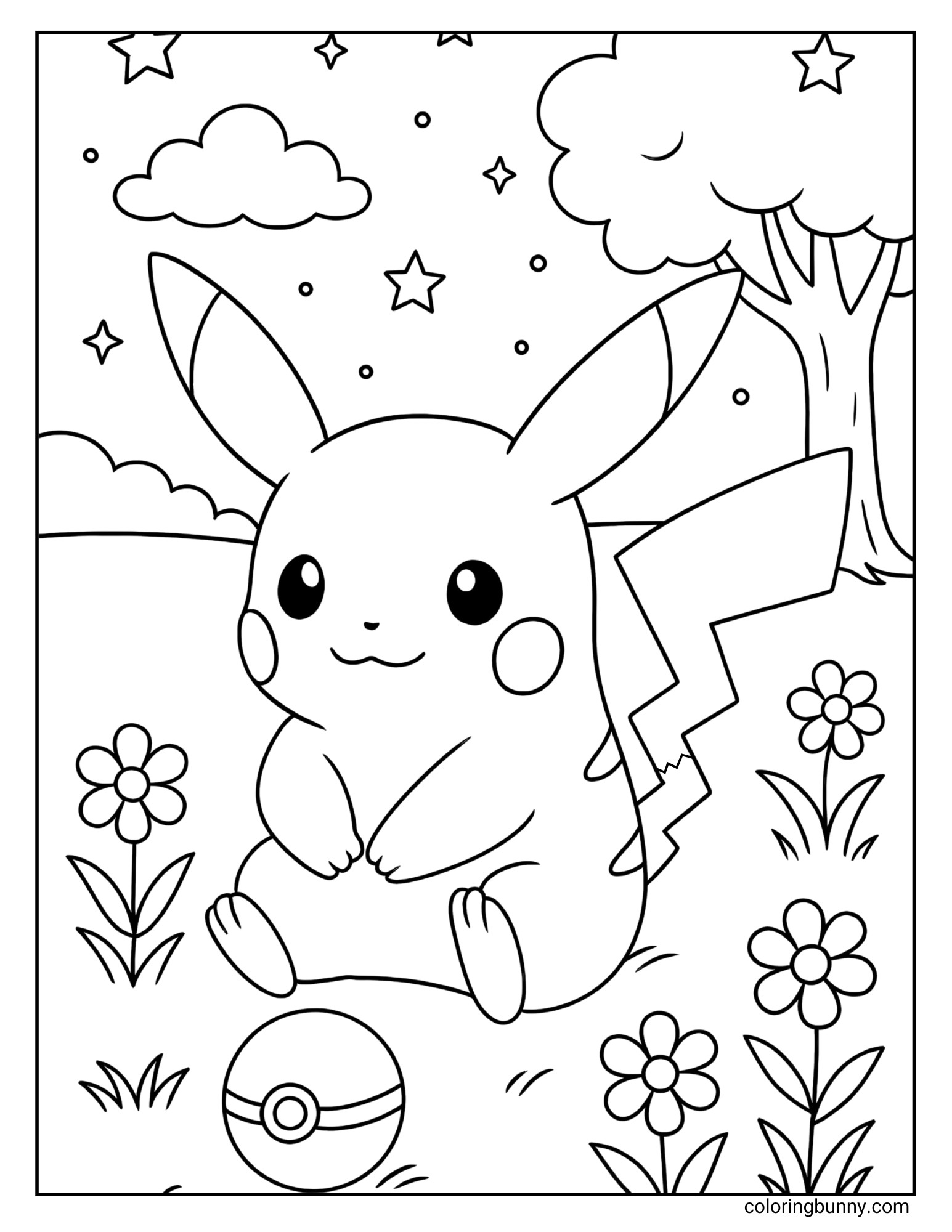 Printable Pokémon coloring page of Pikachu sitting in a meadow with flowers, a Poké Ball, clouds, and stars in the background.
