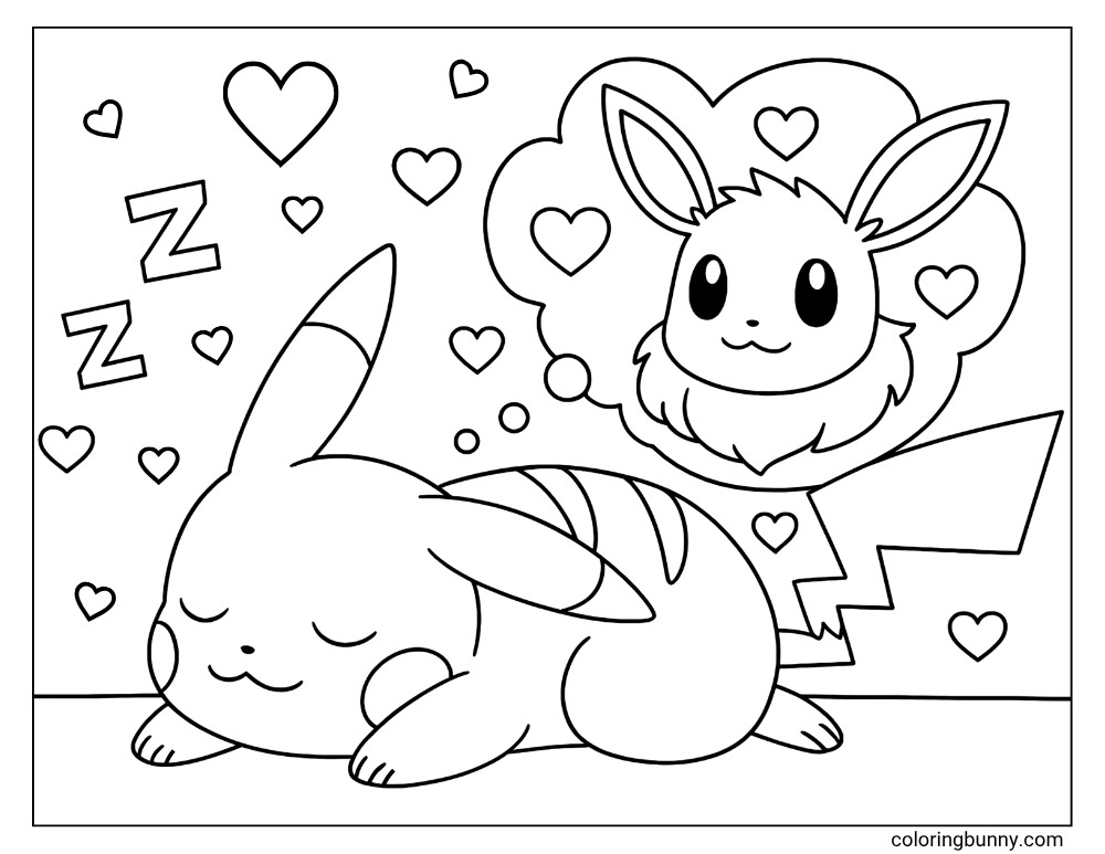 Pikachu sleeping and dreaming about Eevee coloring page