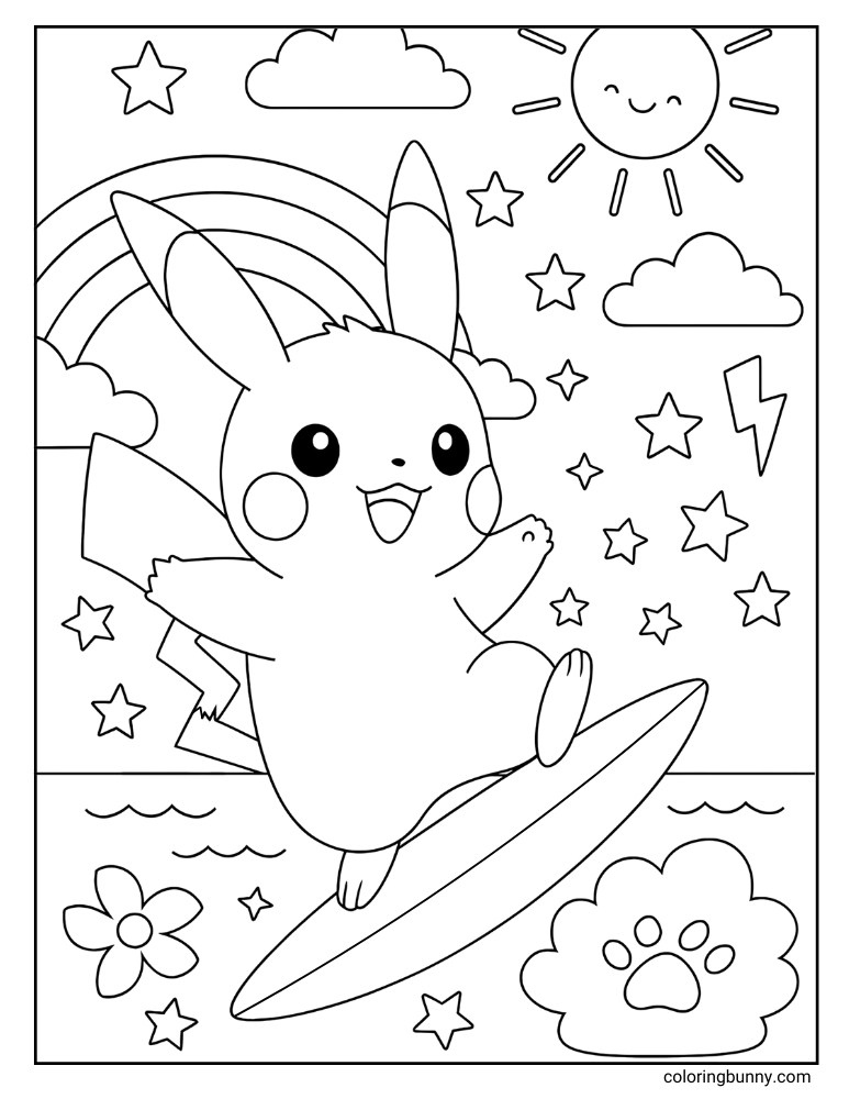 Pikachu coloring sheet of surfing on a sunny day with a rainbow, stars, and waves.