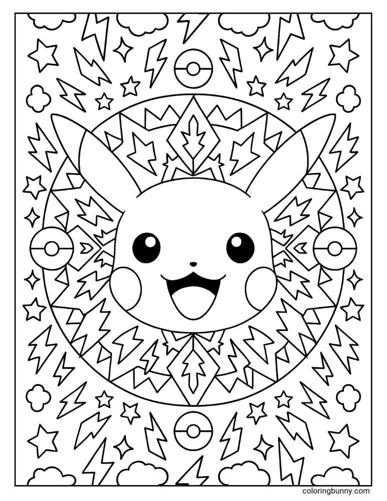 A mandala-style coloring page with Pikachu's face in the center, surrounded by a symmetrical pattern of lightning bolts, stars, clouds, and Poké Balls.