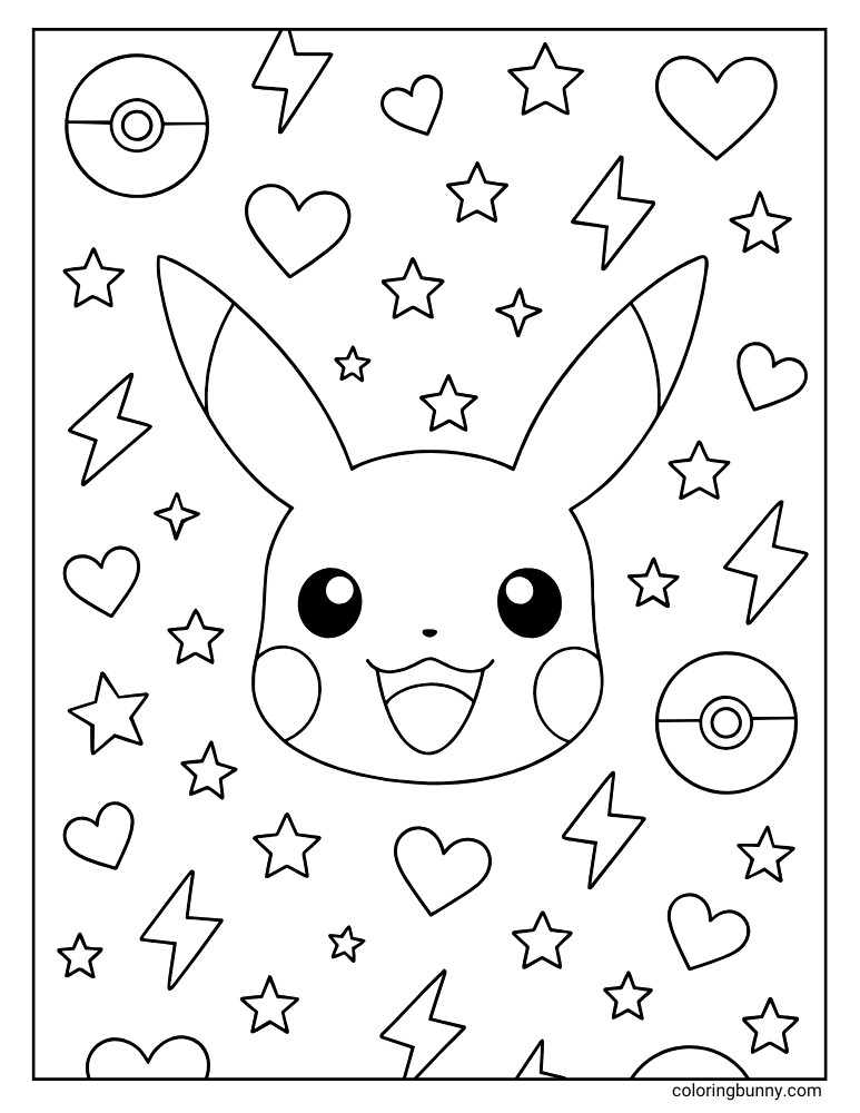 Coloring page of Pikachu with a background filled with stars, hearts, Poké Balls, and lightning bolts.