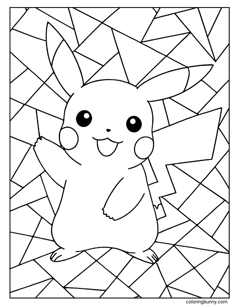 Black and white portrait Pokémon coloring page of Pikachu waving in front of an abstract geometric pattern with triangles and lines.