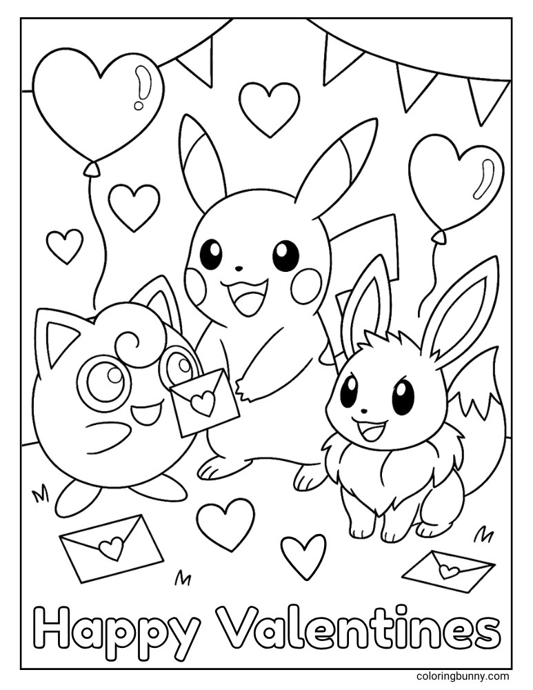 Pokemon Happy Valentines coloring page featuring PIkachu, Jigglypuff, and Eevee